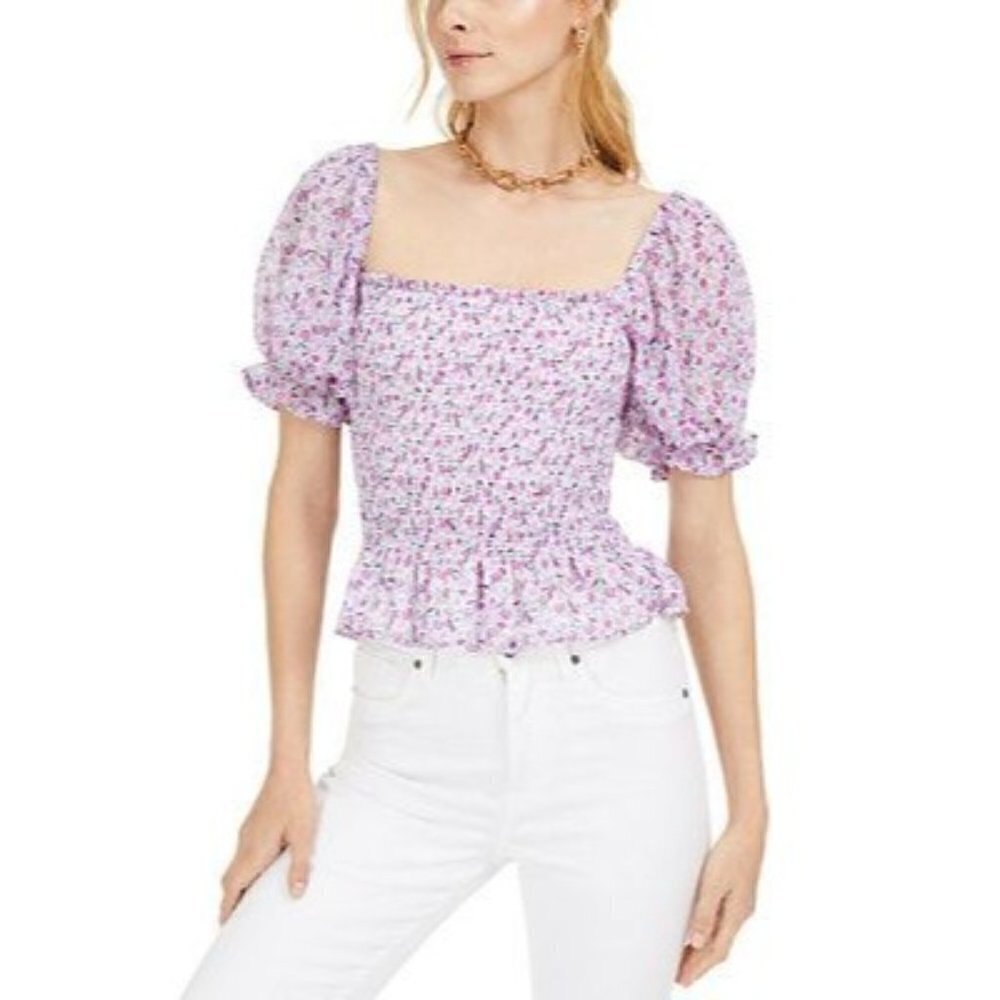 Leyden Purple Floral Smocked‎ Short Sleeve Blouse XS